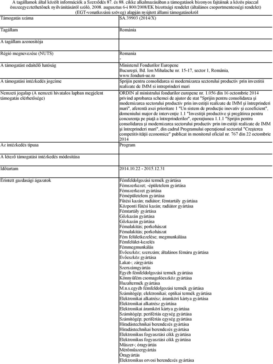 39903 (2014/X) Tagállam Románia A tagállam azonosítója Régió megnevezése (NUTS) A támogatást odaítélő hatóság A támogatási intézkedés jogcíme Nemzeti jogalap (A nemzeti hivatalos lapban megjelent