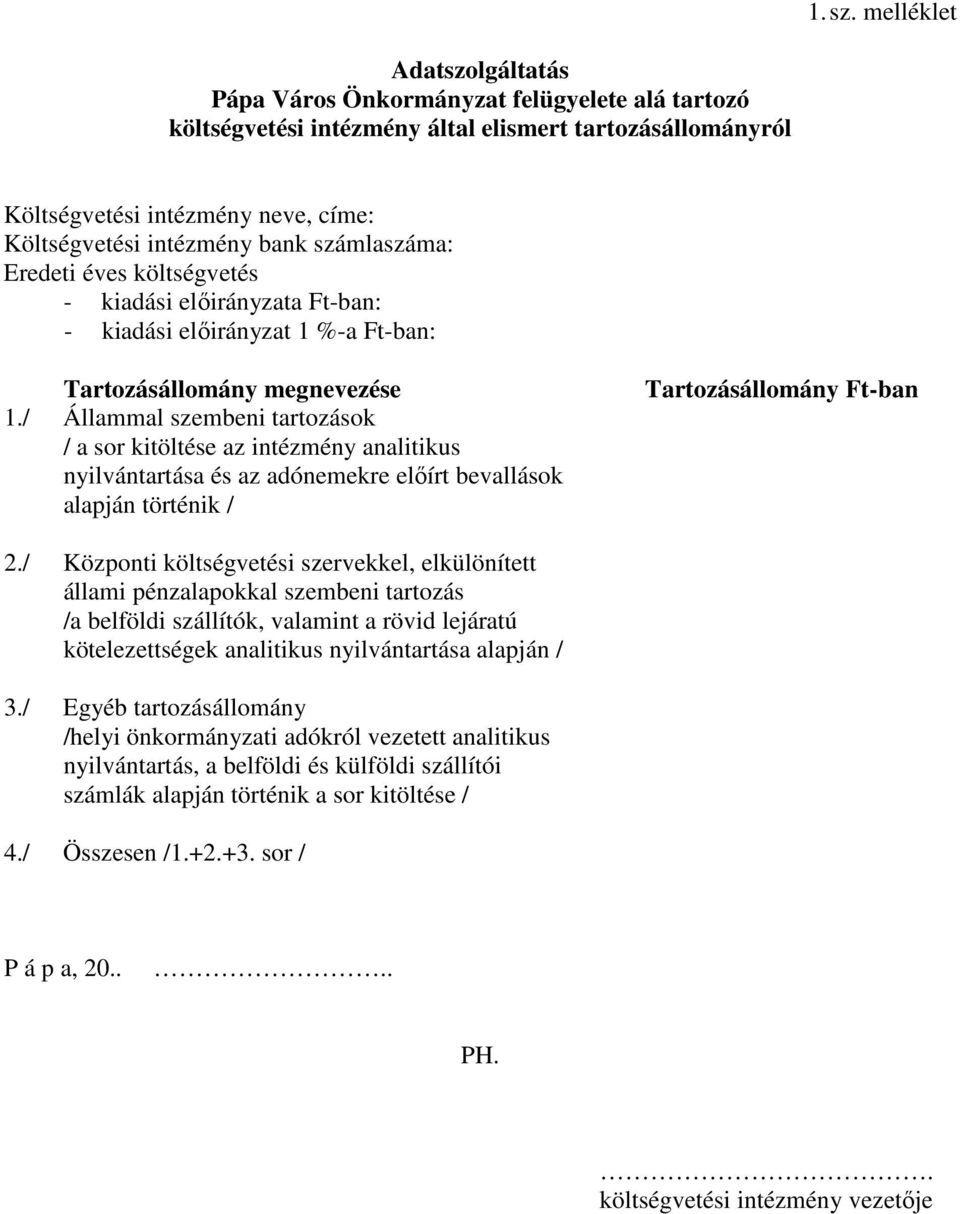 számlaszáma: Eredeti éves költségvetés - kiadási előirányzata Ft-ban: - kiadási előirányzat 1 %-a Ft-ban: Tartozásállomány megnevezése 1.