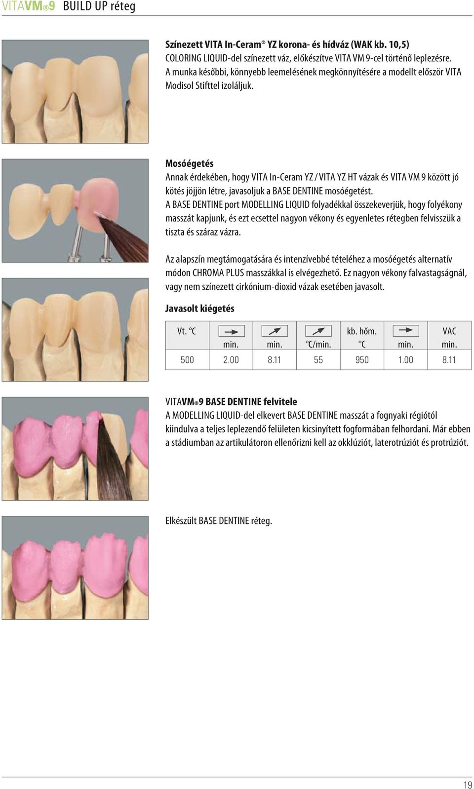 Mosóégetés Annak érdekében, hogy VITA In-Ceram YZ / VITA YZ HT vázak és VITA VM 9 között jó kötés jöjjön létre, javasoljuk a BASE DENTINE mosóégetést.