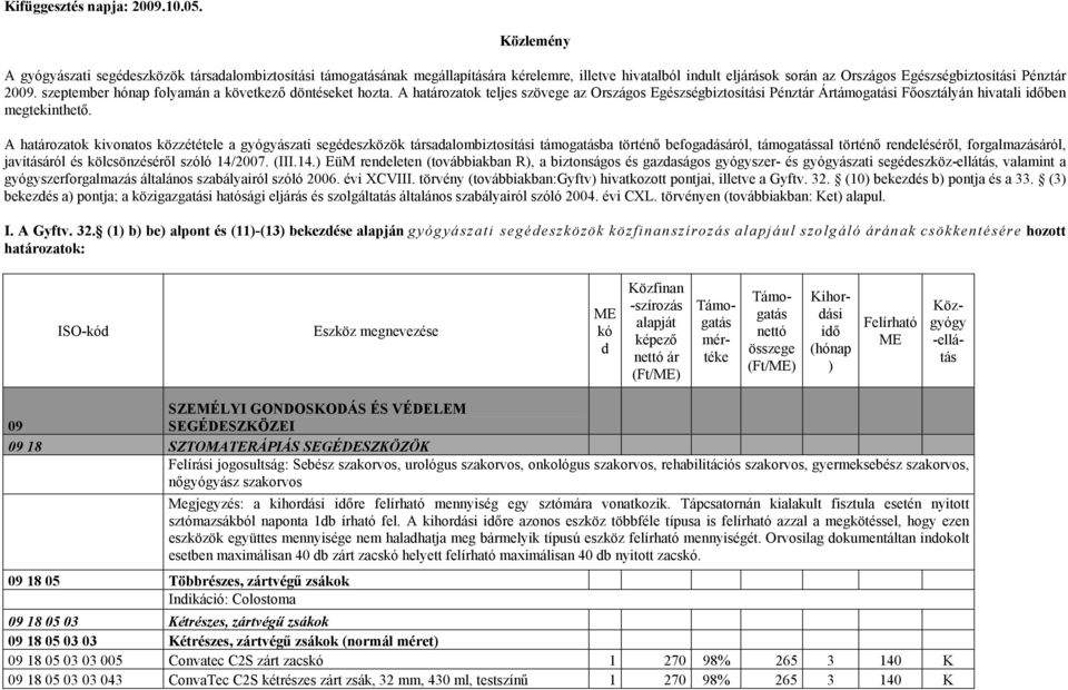 szeptember hónap folyamán a következő öntéseket hozta. A határozatok teljes szövege az Országos Egészségbiztosítási Pénztár Ártámogatási Főosztályán hivatali ben megtekinthető.