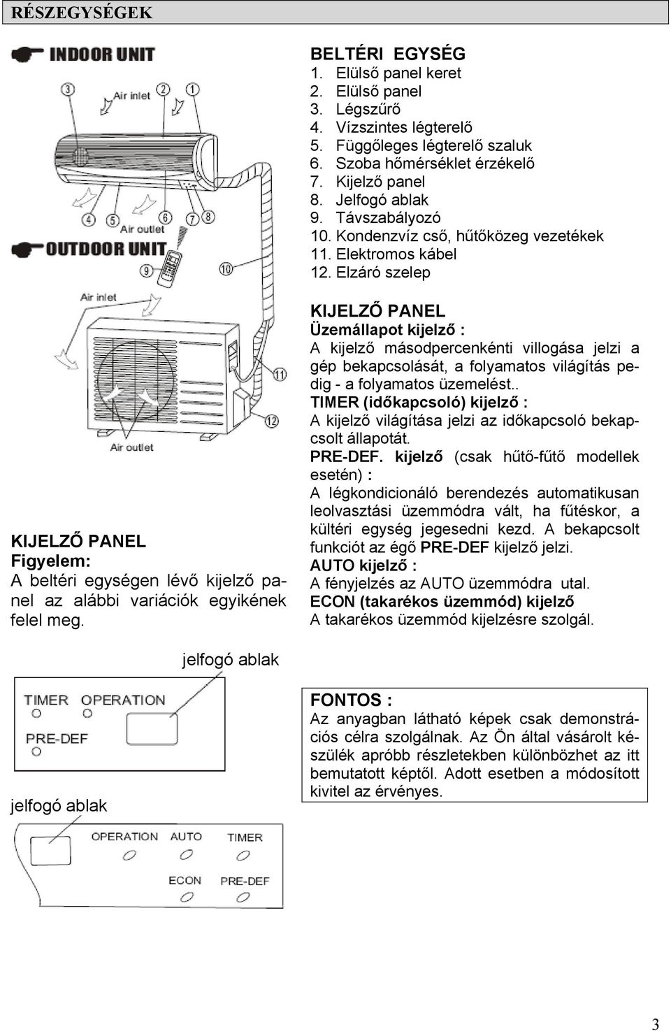 KIJELZŐ PANEL Üzemállapot kijelző : A kijelző másodpercenkénti villogása jelzi a gép bekapcsolását, a folyamatos világítás pedig - a folyamatos üzemelést.