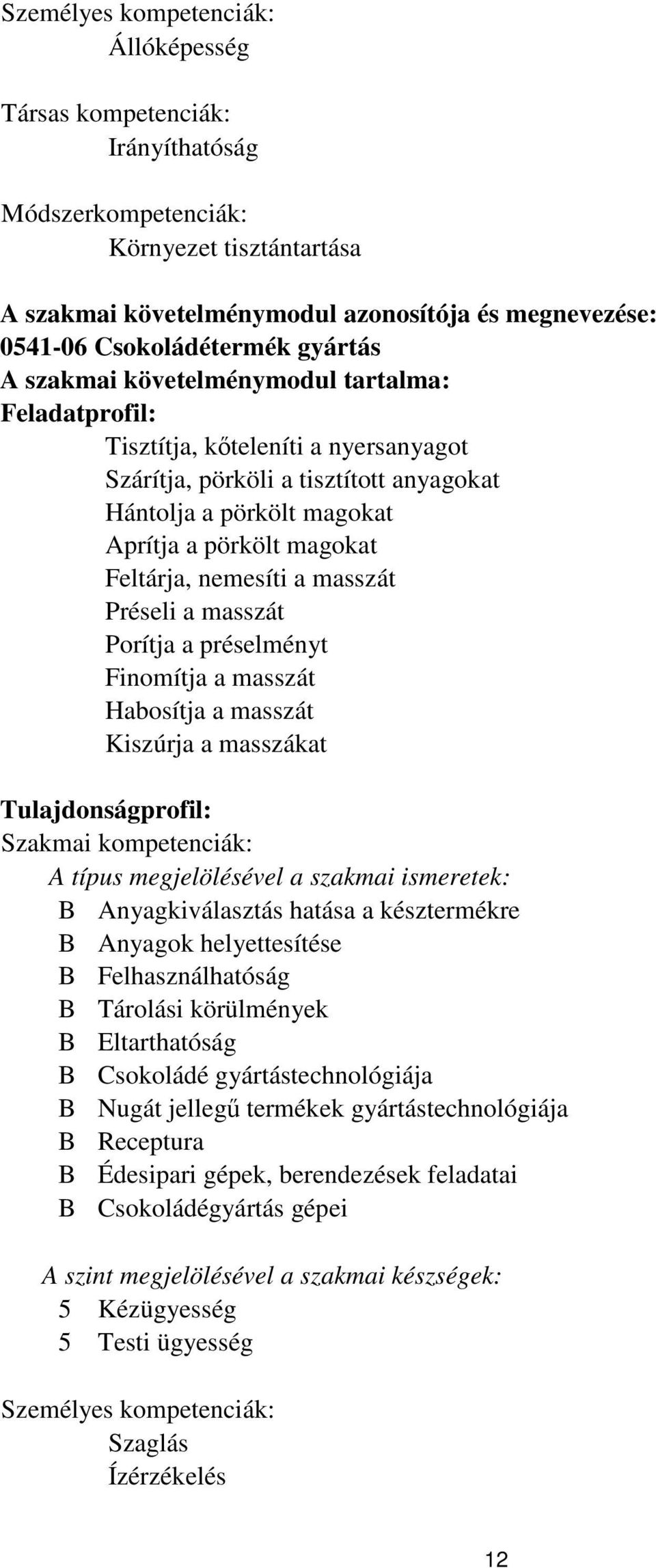 Feltárja, nemesíti a masszát Préseli a masszát Porítja a préselményt Finomítja a masszát Habosítja a masszát Kiszúrja a masszákat Tulajdonságprofil: Szakmai kompetenciák: A típus megjelölésével a