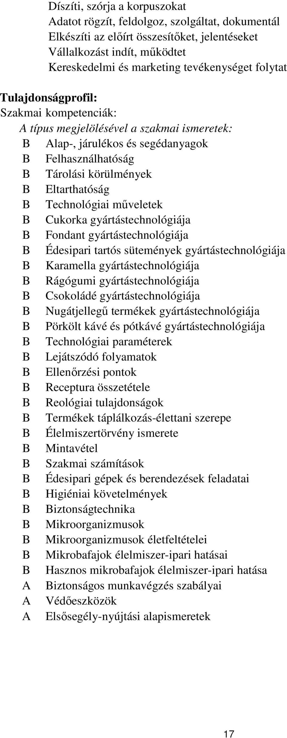 Technológiai műveletek B Cukorka gyártástechnológiája B Fondant gyártástechnológiája B Édesipari tartós sütemények gyártástechnológiája B Karamella gyártástechnológiája B Rágógumi