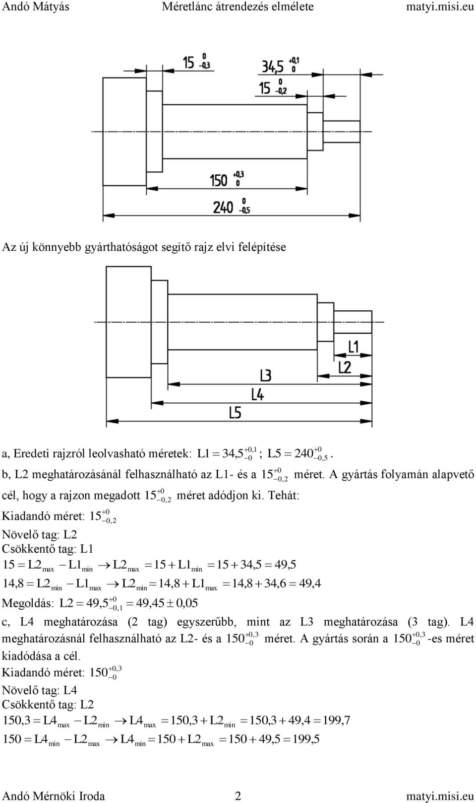 Tehát: Növelő tag: L2 Csökkentő tag: L1 15 L2 L1 L2 15 L1 15 34,5 49,5,8 L2 L1 L2 14,8 L1 14,8 34,6 49,4 14 Megoldás: L2 49,5,1 49,45, 5,5 15,2 méret.