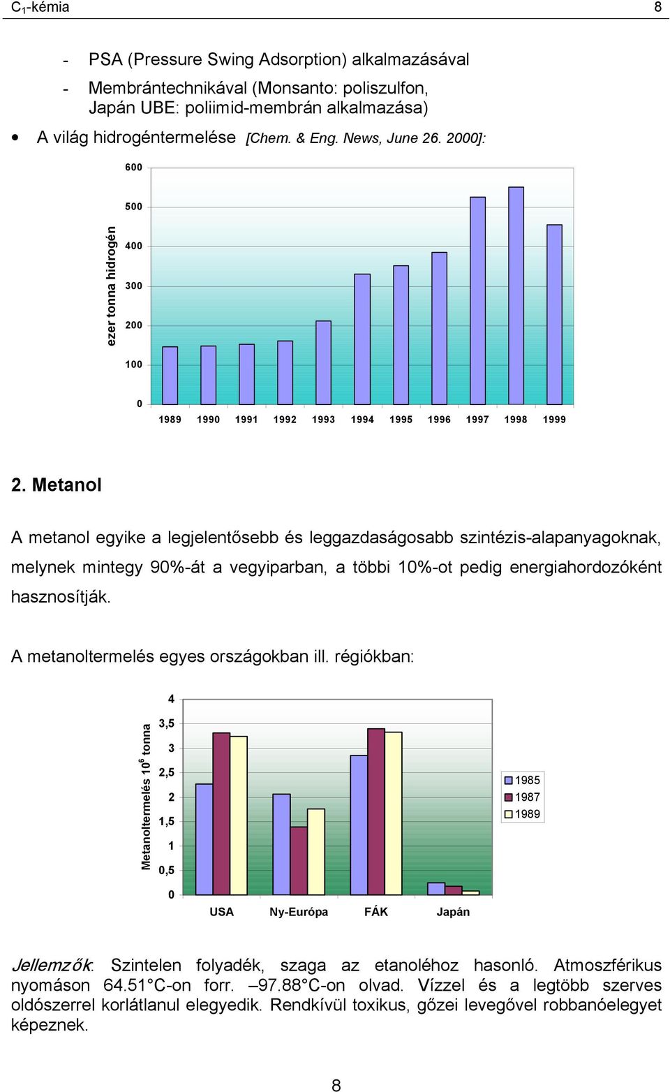 Metanol A metanol egyike a legjelentősebb és leggazdaságosabb szintézis-alapanyagoknak, melynek mintegy 90%-át a vegyiparban, a többi 10%-ot pedig energiahordozóként hasznosítják.