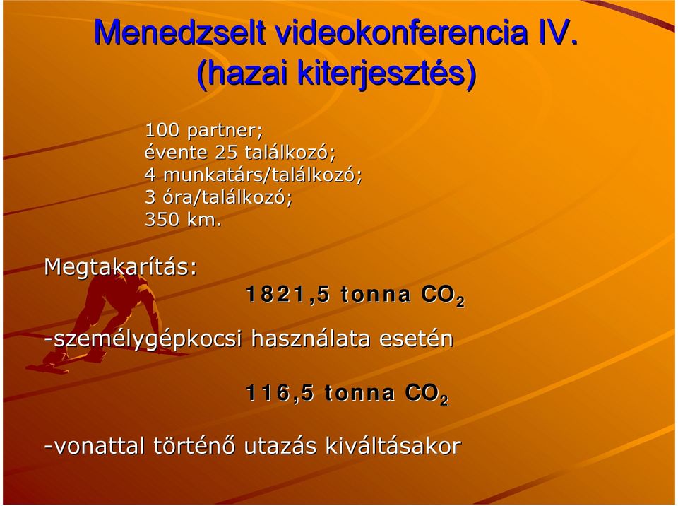 Megtakarítás: 1821,5 tonna CO 2 -személygépkocsi