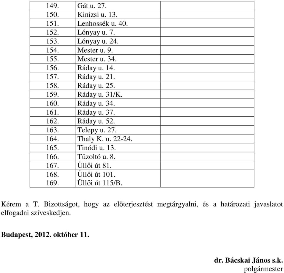 164. Thaly K. u. 22-24. 165. Tinódi u. 13. 166. Tűzoltó u. 8. 167. Üllői út 81. 168. Üllői út 101. 169. Üllői út 115/B. Kérem a T.