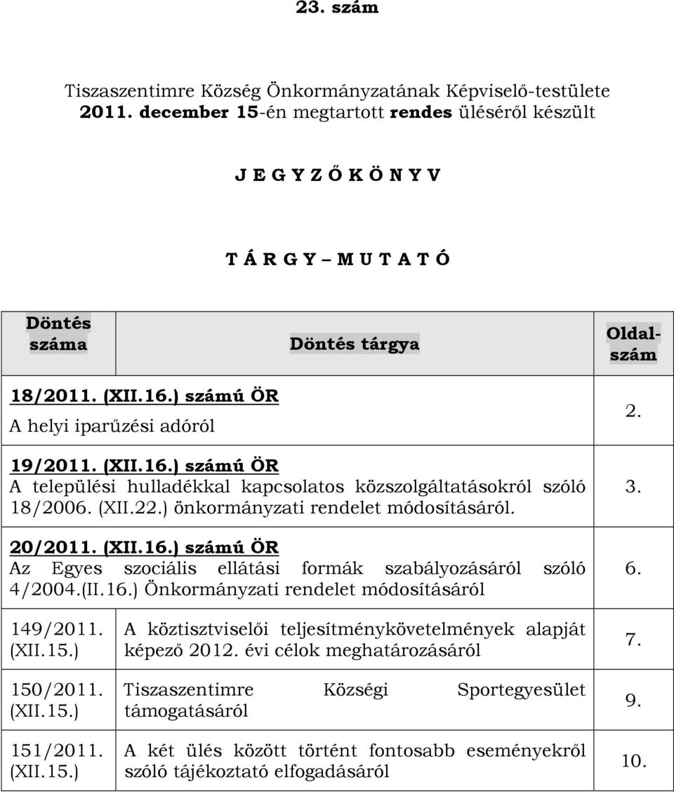 ) önkormányzati rendelet módosításáról. 20/2011. (XII.16.) számú ÖR Az Egyes szociális ellátási formák szabályozásáról szóló 4/2004.(II.16.) Önkormányzati rendelet módosításáról 3. 6. 149/2011. (XII.15.