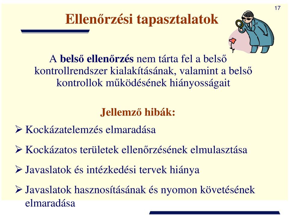 Kockázatelemzés elmaradása Kockázatos területek ellenırzésének elmulasztása Javaslatok