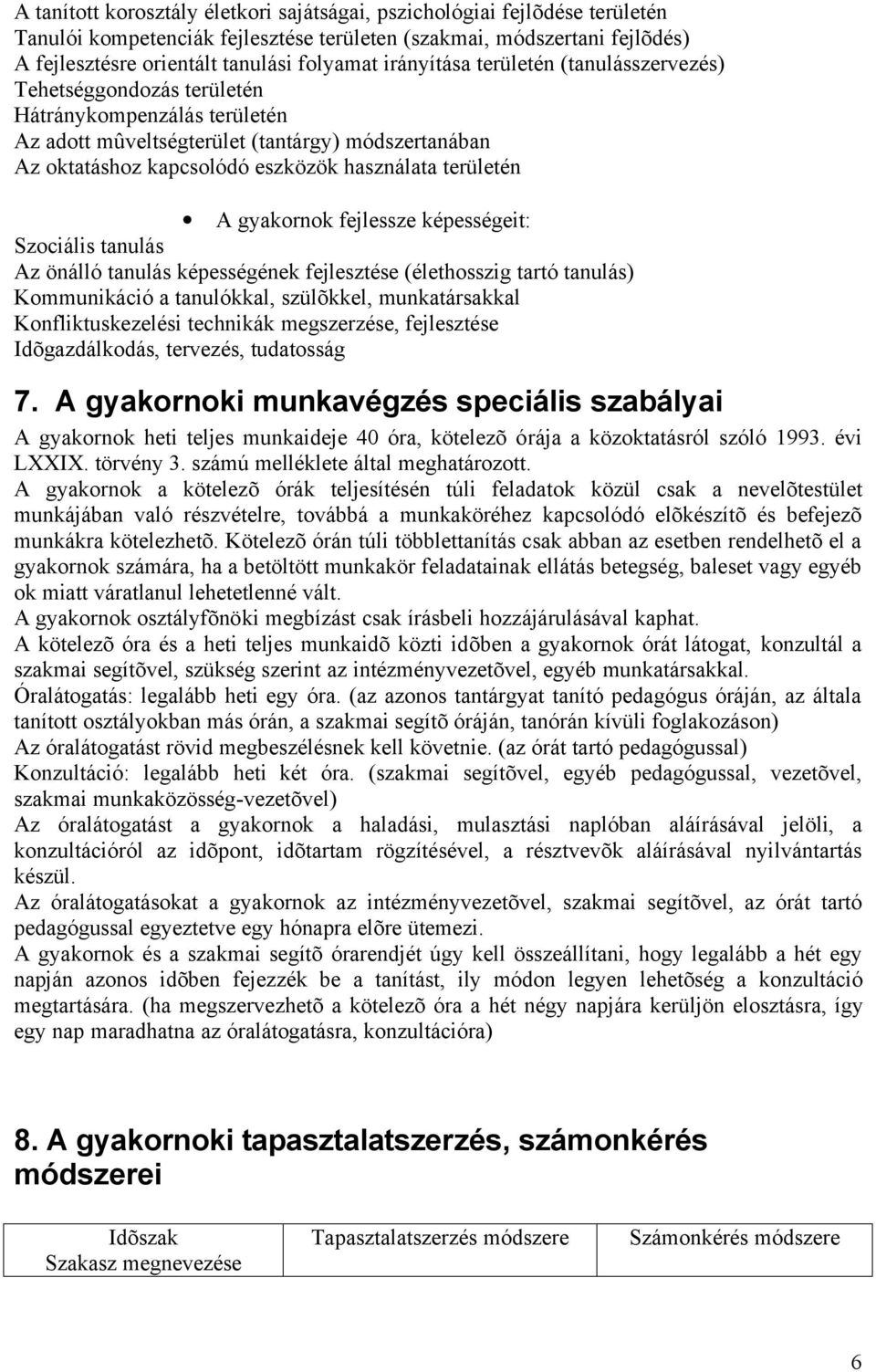 területén A gyakornok fejlessze képességeit: Szociális tanulás Az önálló tanulás képességének fejlesztése (élethosszig tartó tanulás) Kommunikáció a tanulókkal, szülõkkel, munkatársakkal