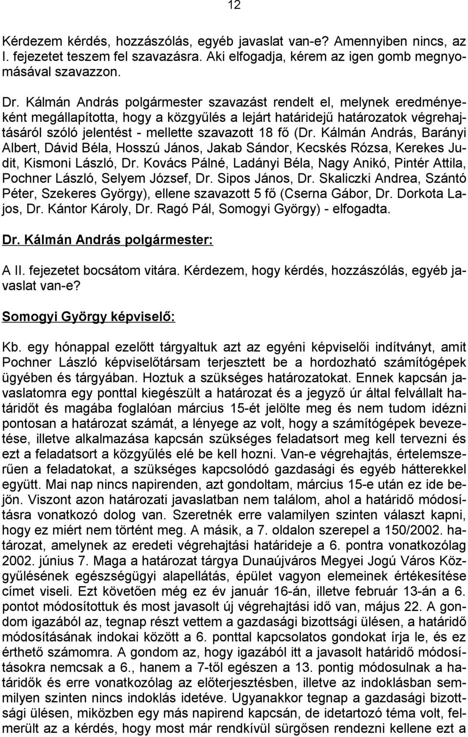 Kálmán András, Barányi Albert, Dávid Béla, Hosszú János, Jakab Sándor, Kecskés Rózsa, Kerekes Judit, Kismoni László, Dr.