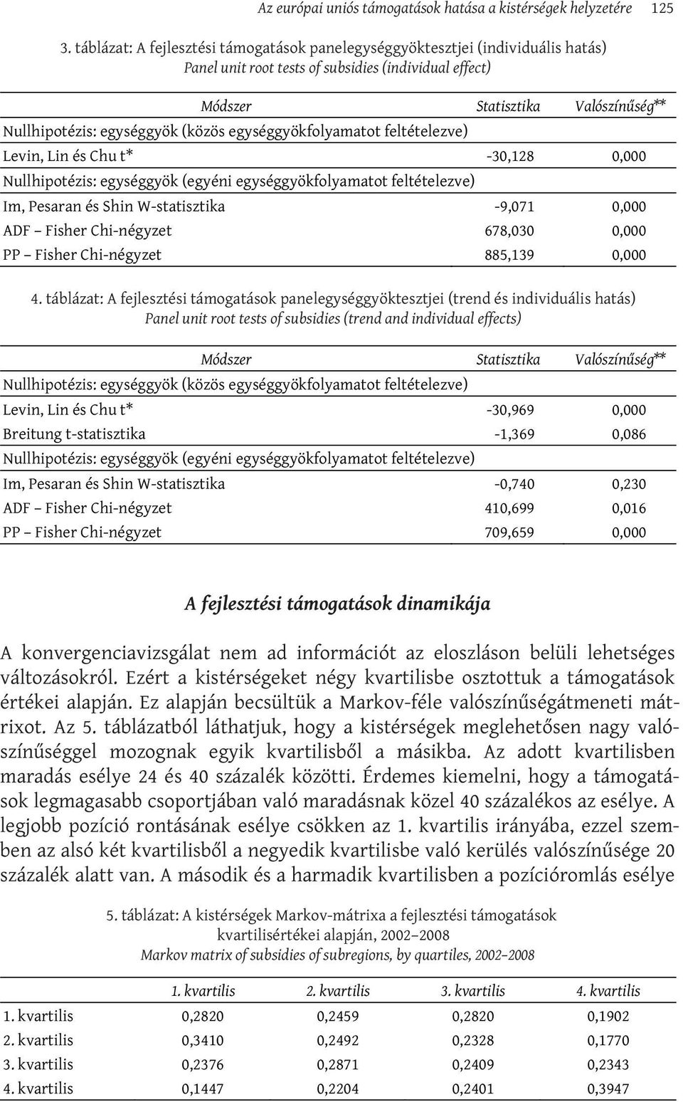 táblázat: A fejlesztési támogatások panelegységgyöktesztjei (trend és individuális hatás) Panel unit root tests of subsidies (trend and individual effects) A fejlesztési támogatások dinamikája A