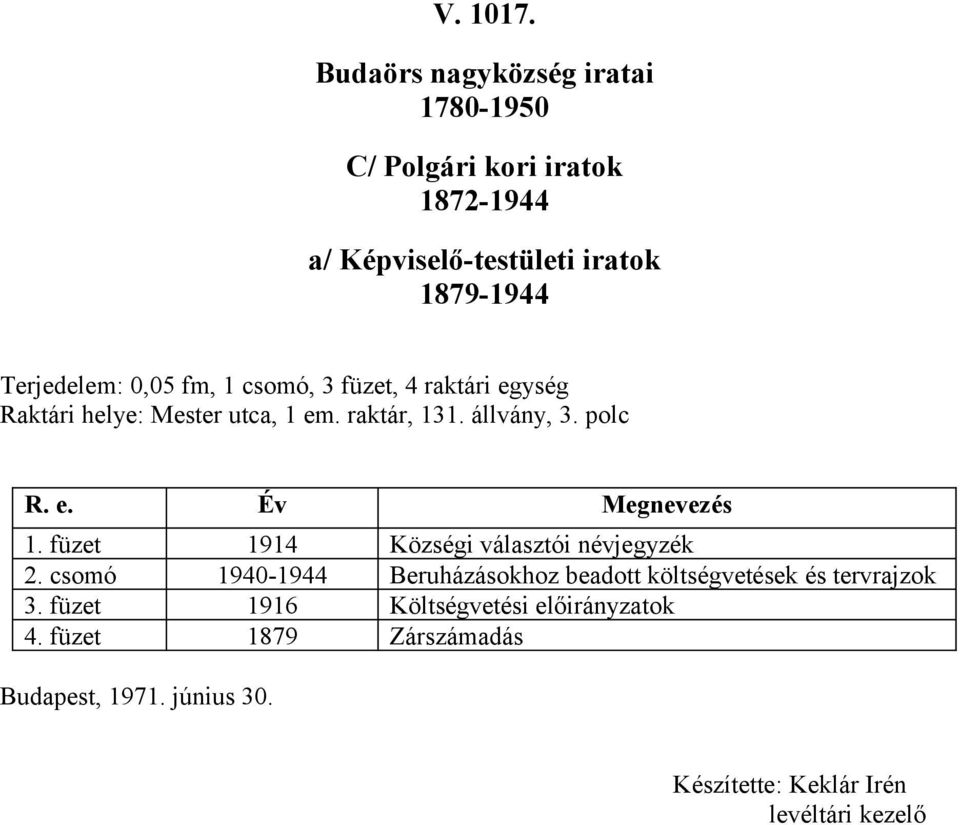 e. Év Megnevezés 1. füzet 1914 Községi választói névjegyzék 2.
