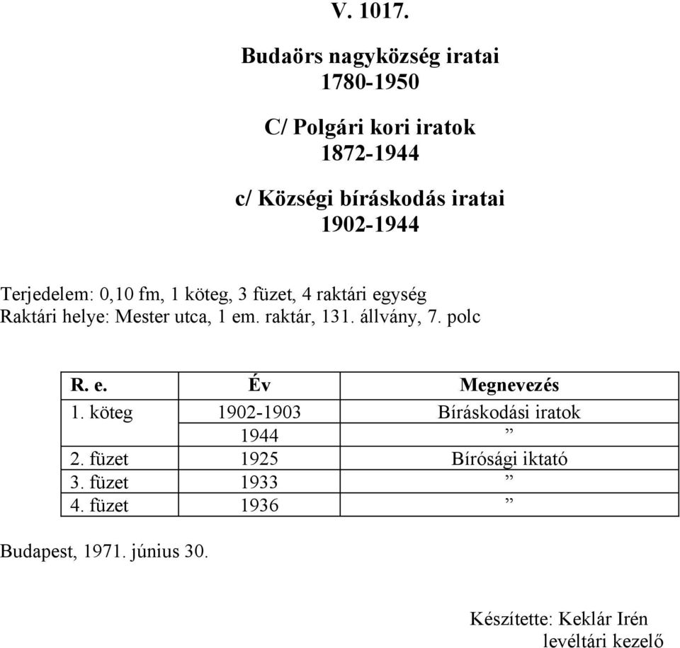 utca, 1 em. raktár, 131. állvány, 7. polc R. e. Év Megnevezés 1.