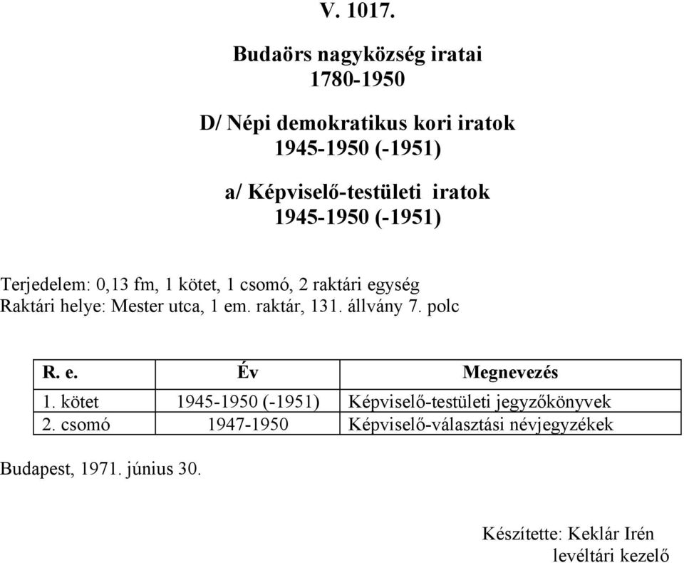 helye: Mester utca, 1 em. raktár, 131. állvány 7. polc R. e. Év Megnevezés 1.