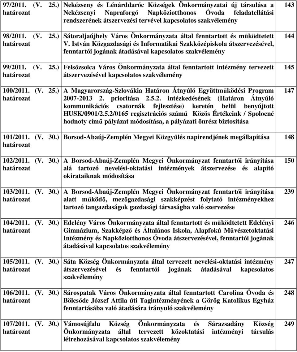98/2011. (V. 25.) határozat 99/2011. (V. 25.) határozat 100/2011. (V. 25.) határozat Sátoraljaújhely Város Önkormányzata által fenntartott és működtetett V.