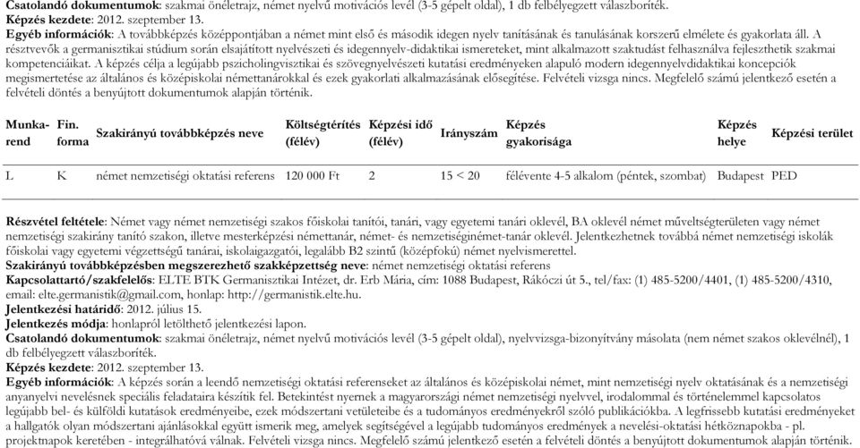 A résztvevők a germanisztikai stúdium során elsajátított nyelvészeti és idegennyelv-didaktikai ismereteket, mint alkalmazott szaktudást felhasználva fejleszthetik szakmai kompetenciáikat.