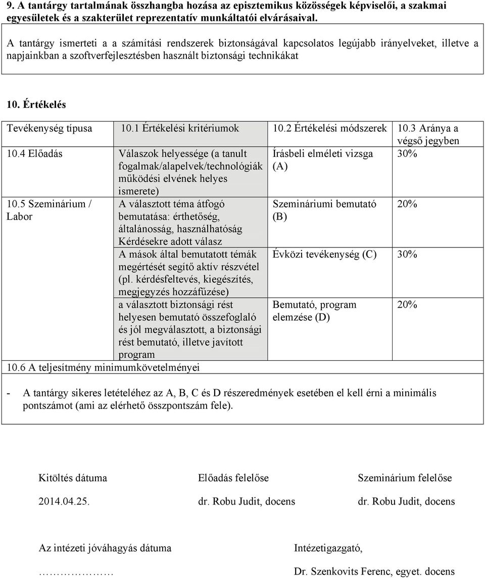 Értékelés Tevékenység típusa 10.1 Értékelési kritériumok 10.2 Értékelési módszerek 10.3 Aránya a végső jegyben 10.