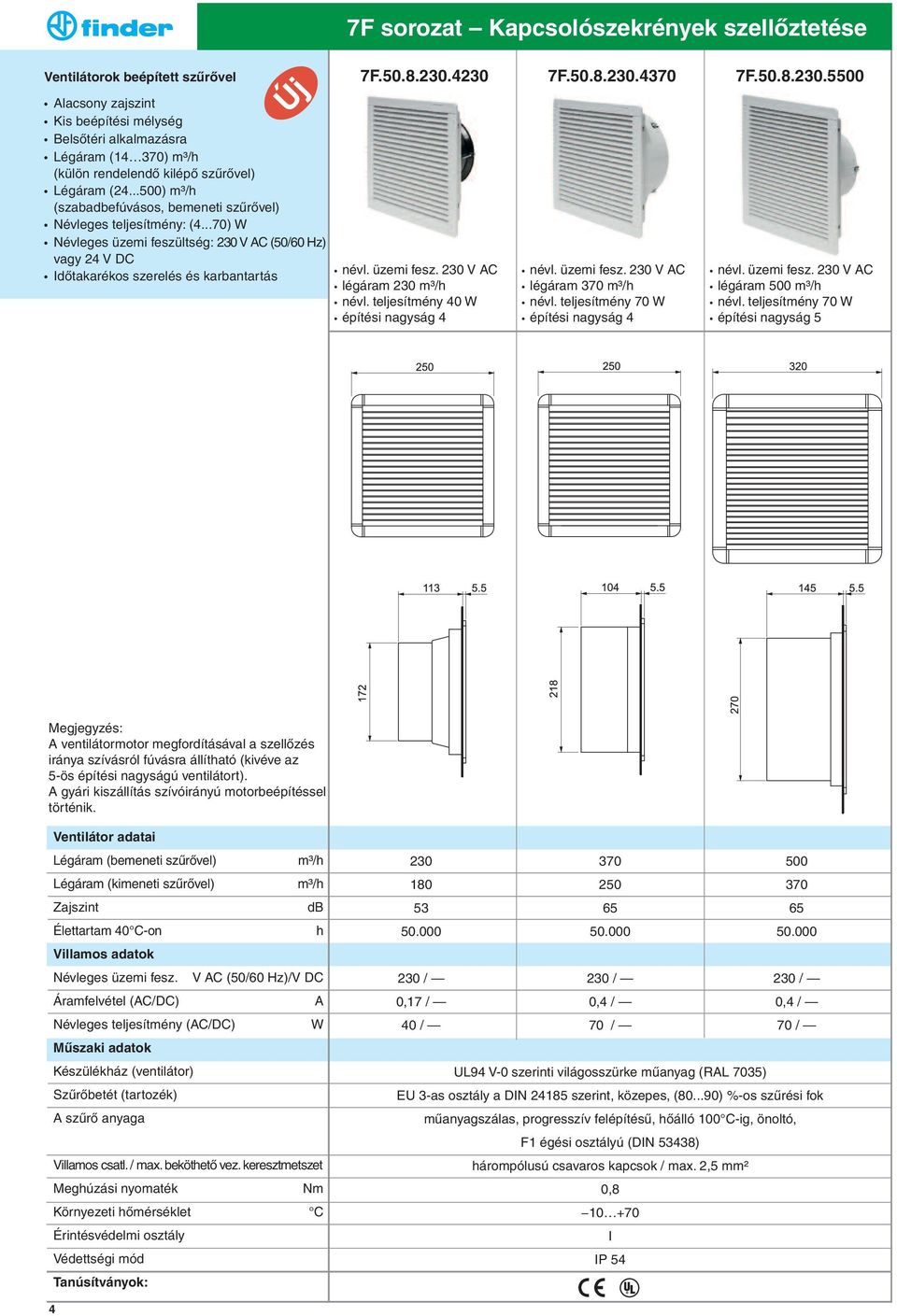 ..70) W Névleges üzemi feszültség: 230 V AC (50/60 Hz) vagy 24 V DC Időtakarékos szerelés és karbantartás 7F sorozat Kapcsolószekrények szellőztetése 7F.50.8.230.4230 7F.50.8.230.4370 7F.50.8.230.5500 névl.