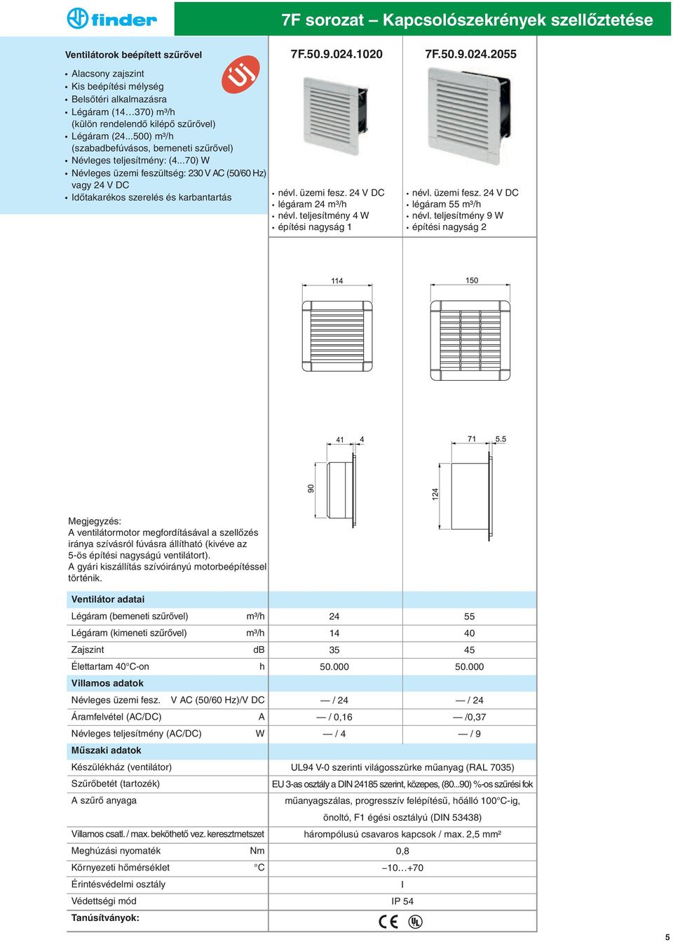 024.1020 névl. üzemi fesz. 24 V DC légáram 24 m³/h névl. teljesítmény 4 W építési nagyság 1 7F.50.9.024.2055 névl. üzemi fesz. 24 V DC légáram 55 m³/h névl.