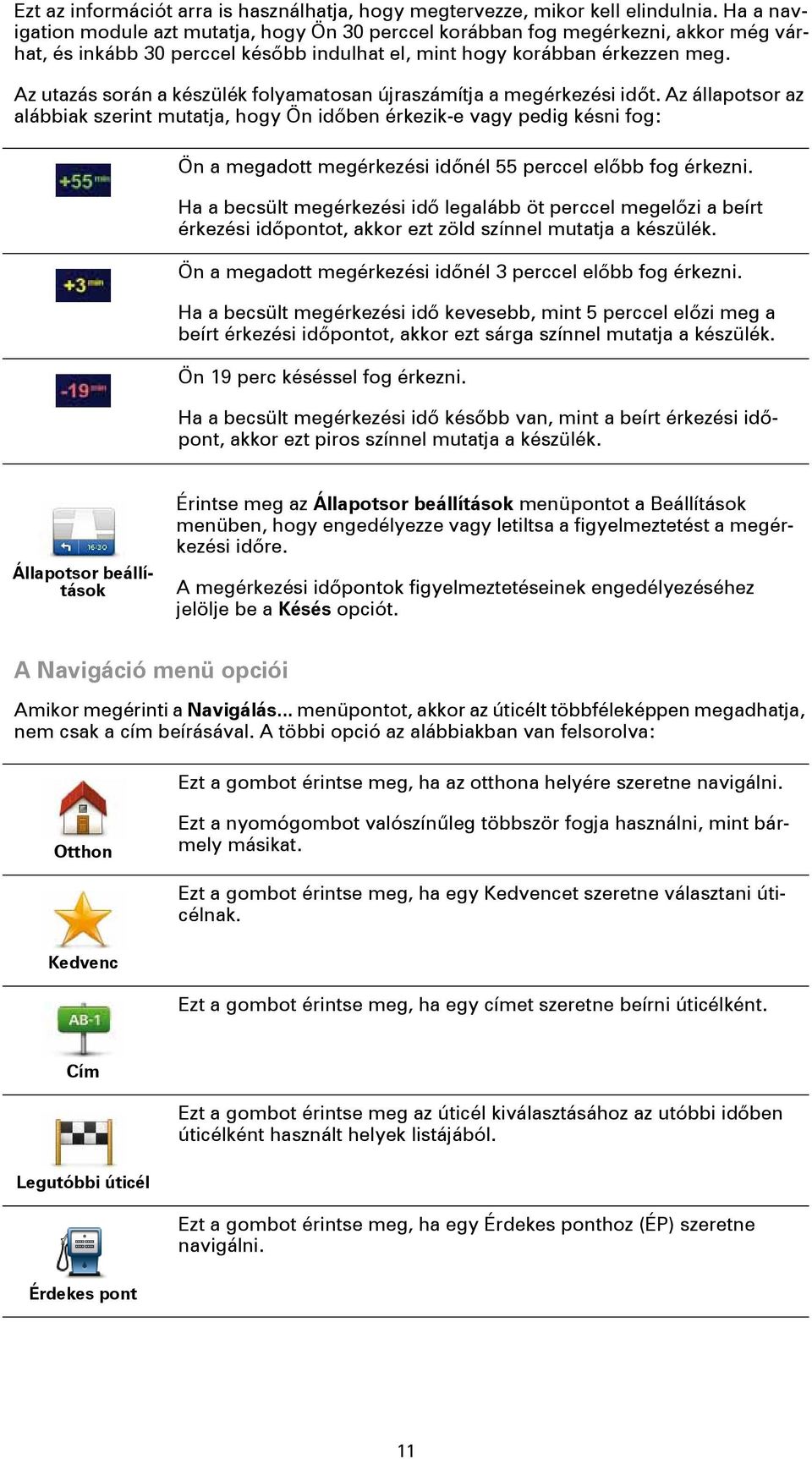 Az utazás során a készülék folyamatosan újraszámítja a megérkezési időt.