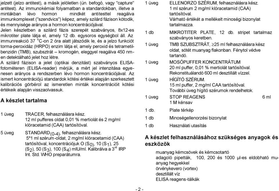 hormon koncentrációjával. Jelen készletben a szilárd fázis szerepét szabványos, 8x12-es mikrotiter plate látja el, amely 12 db. egysoros egységbol áll.