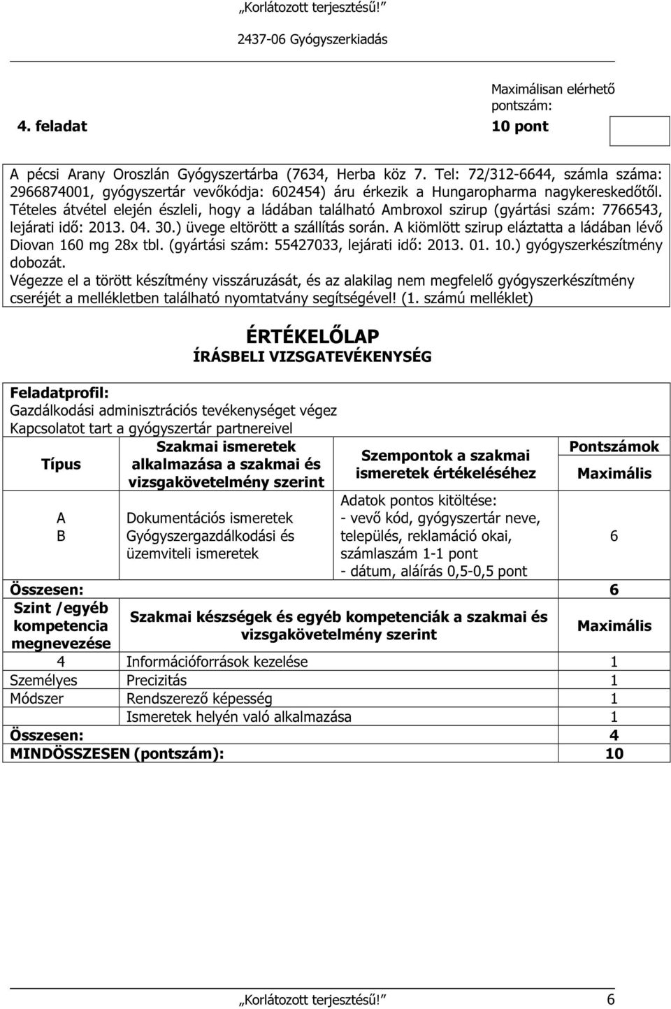 Tételes átvétel elején észleli, hogy a ládában található mbroxol szirup (gyártási szám: 7766543, lejárati idő: 2013. 04. 30.) üvege eltörött a szállítás során.