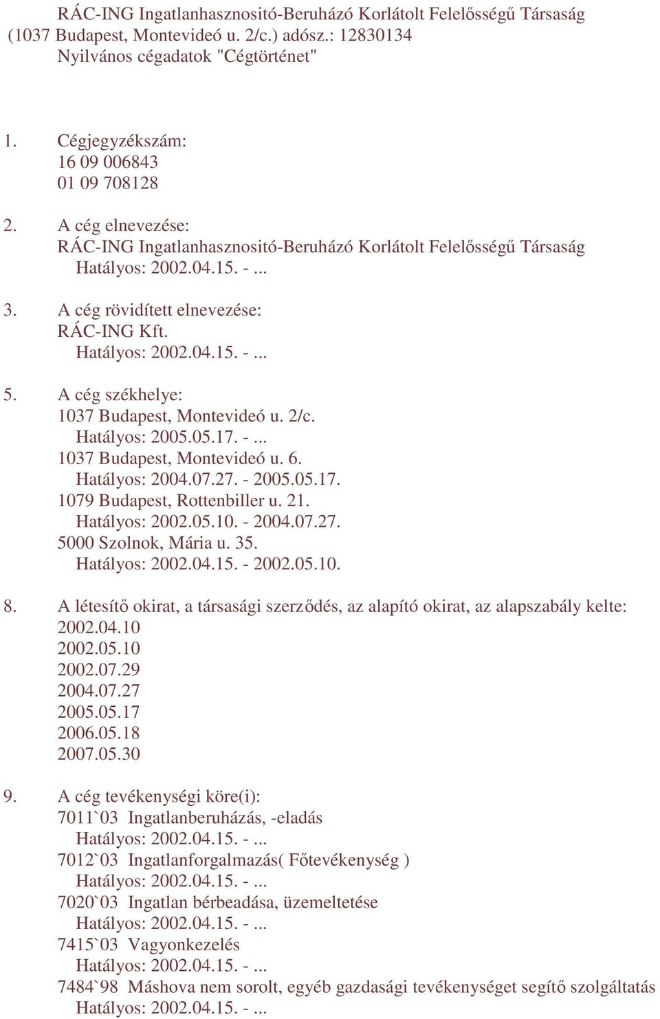 A cég székhelye: 1037 Budapest, Montevideó u. 2/c. Hatályos: 2005.05.17. -... 1037 Budapest, Montevideó u. 6. Hatályos: 2004.07.27. - 2005.05.17. 1079 Budapest, Rottenbiller u. 21. Hatályos: 2002.05.10. - 2004.