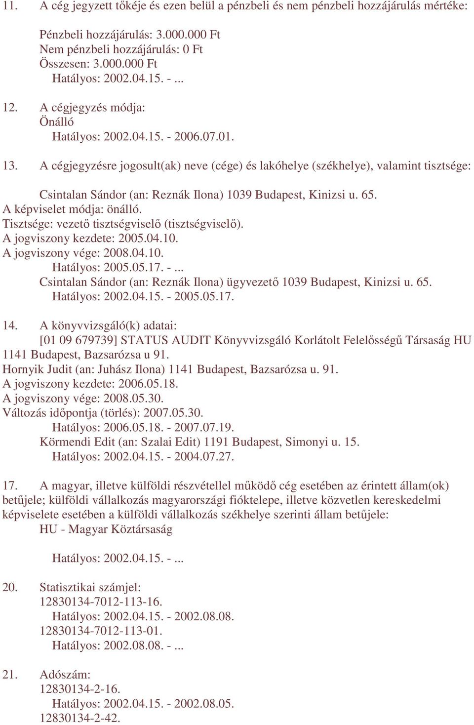 Tisztsége: vezetı tisztségviselı (tisztségviselı). A jogviszony kezdete: 2005.04.10. A jogviszony vége: 2008.04.10. Hatályos: 2005.05.17. -.