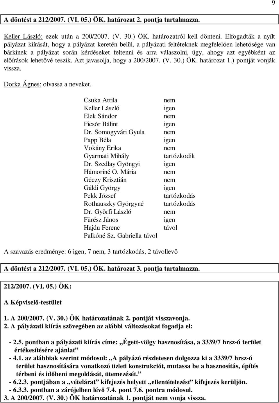 azt egyébként az el írások lehet vé teszik. Azt javasolja, hogy a 200/2007. (V. 30.) ÖK. határozat 1.) pontját vonják vissza. Dorka Ágnes: olvassa a neveket.