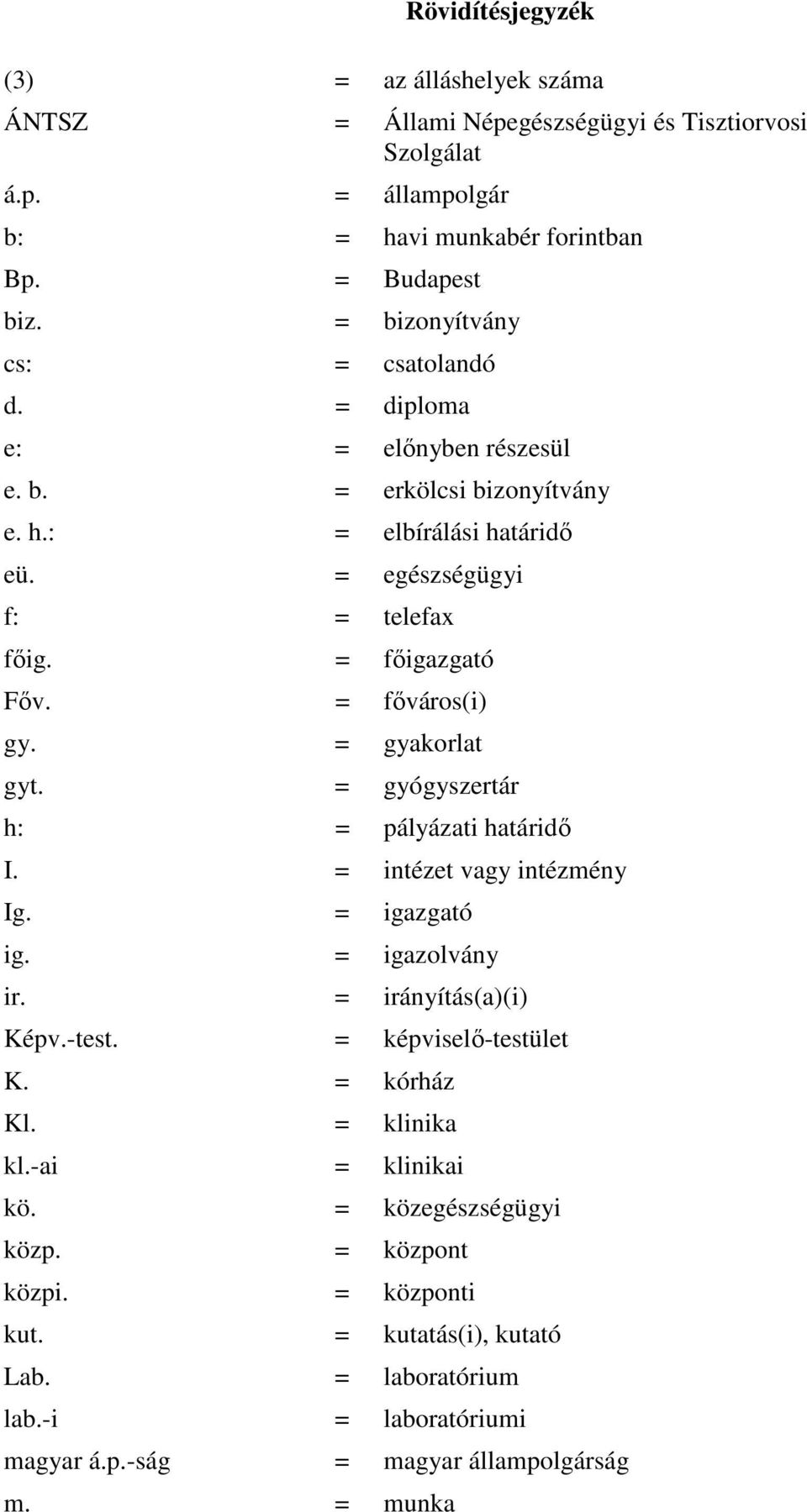 = fıváros(i) gy. = gyakorlat gyt. = gyógyszertár h: = pályázati határidı I. = intézet vagy intézmény Ig. = igazgató ig. = igazolvány ir. = irányítás(a)(i) Képv.-test. = képviselı-testület K.