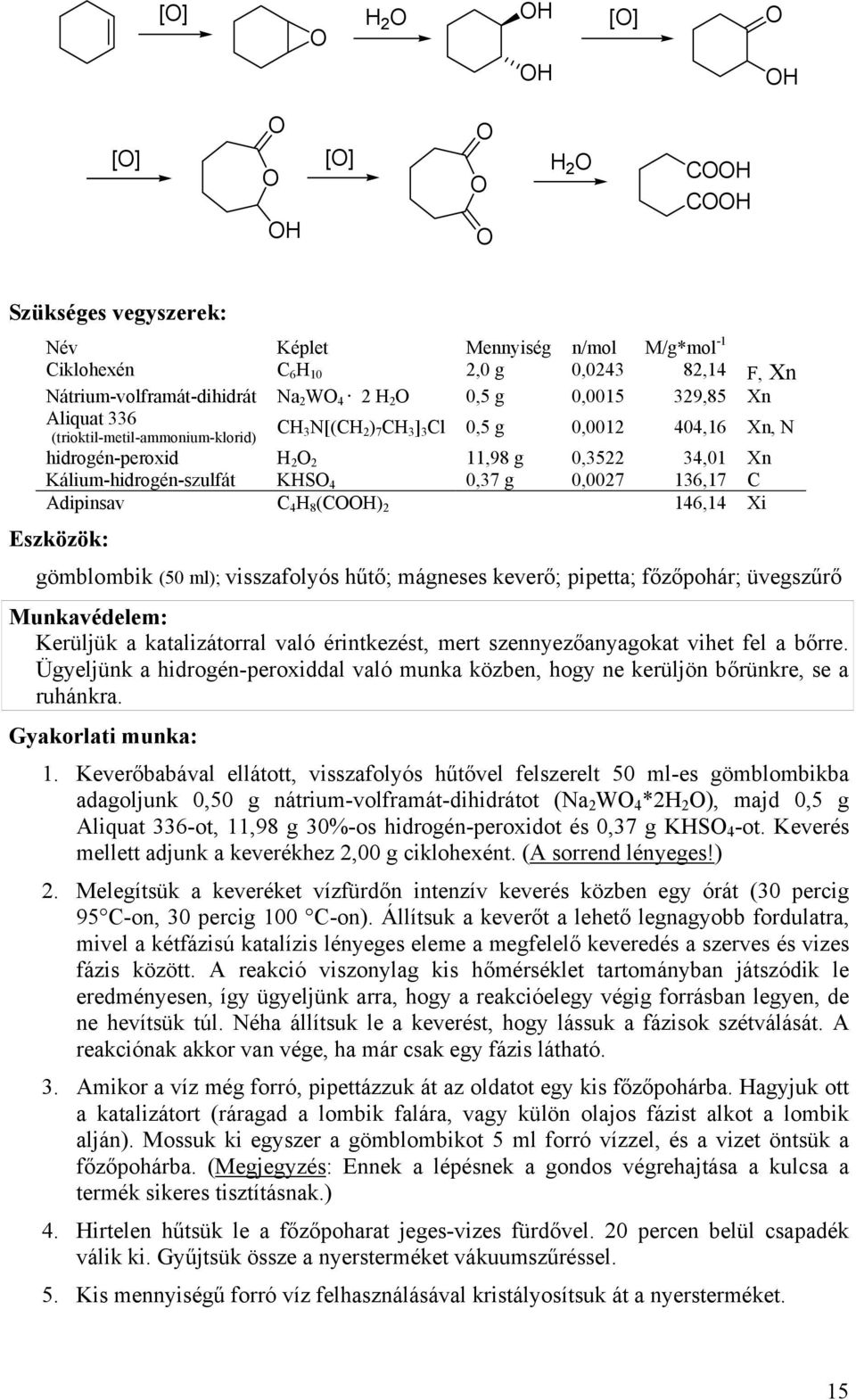 Kálium-hidrogén-szulfát KHSO 4 0,37 g 0,0027 136,17 C Adipinsav C 4 H 8 (COOH) 2 146,14 Xi Eszközök: gömblombik (50 ml); visszafolyós hűtő; mágneses keverő; pipetta; főzőpohár; üvegszűrő