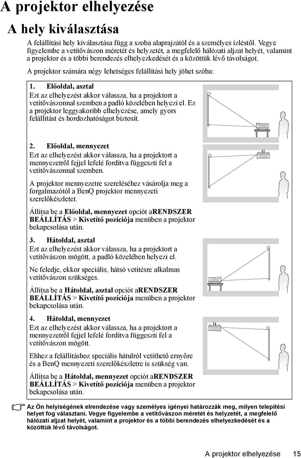 A projektor számára négy lehetséges felállítási hely jöhet szóba: 1. Előoldal, asztal Ezt az elhelyezést akkor válassza, ha a projektort a vetítővászonnal szemben a padló közelében helyezi el.