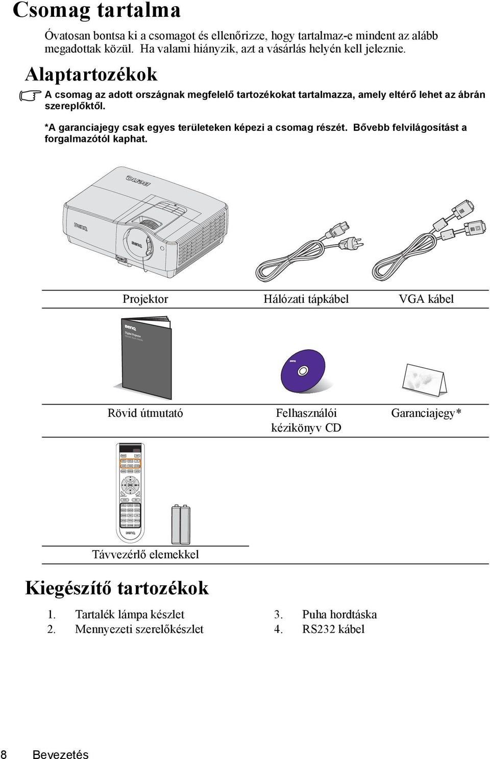 Alaptartozékok A csomag az adott országnak megfelelő tartozékokat tartalmazza, amely eltérő lehet az ábrán szereplőktől.