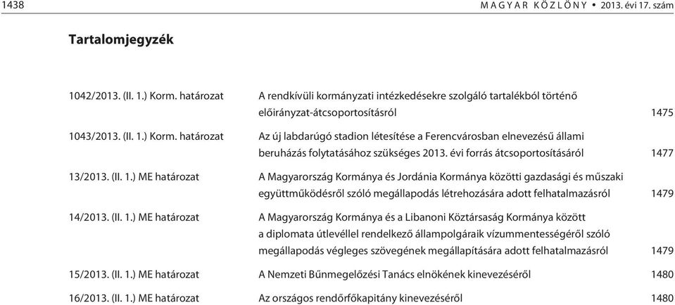 határozat Az új labdarúgó stadion létesítése a Ferencvárosban elnevezésû állami beruházás folytatásához szükséges 2013. évi forrás átcsoportosításáról 14