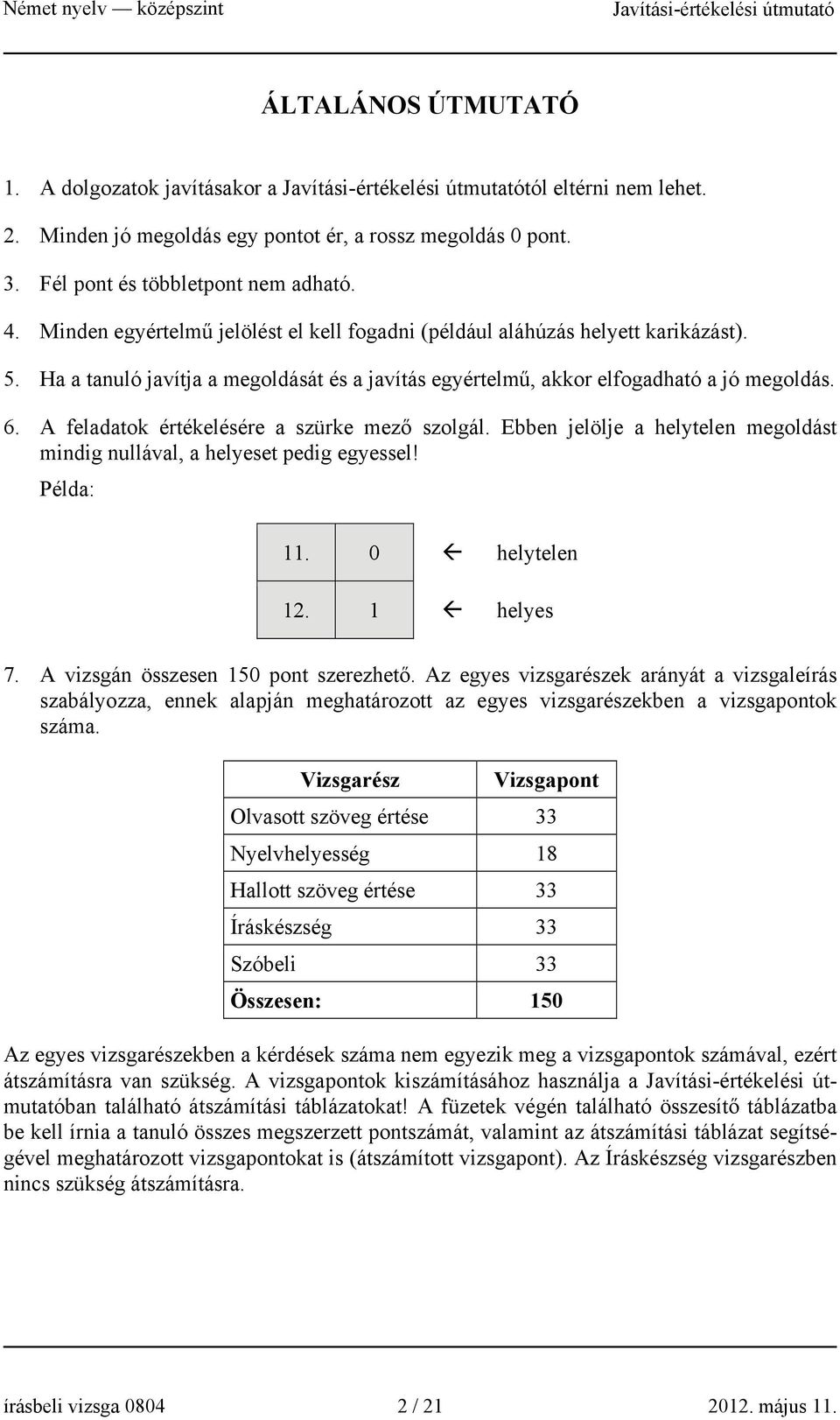 A feladatok értékelésére a szürke mező szolgál. Ebben jelölje a helytelen megoldást mindig nullával, a helyeset pedig egyessel! Példa: 11. 0 helytelen 12. 1 helyes 7.