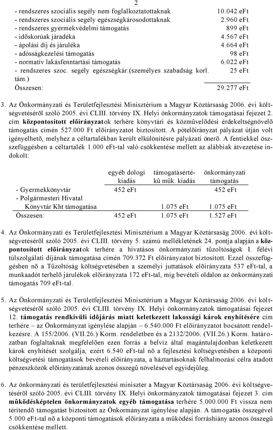 022 eft - rendszeres szoc. segély egészségkár.(személyes szabadság korl. 25 eft tám.) Összesen: 29.277 eft 3. Az Önkormányzati és Területfejlesztési Minisztérium a Magyar Köztársaság 2006.