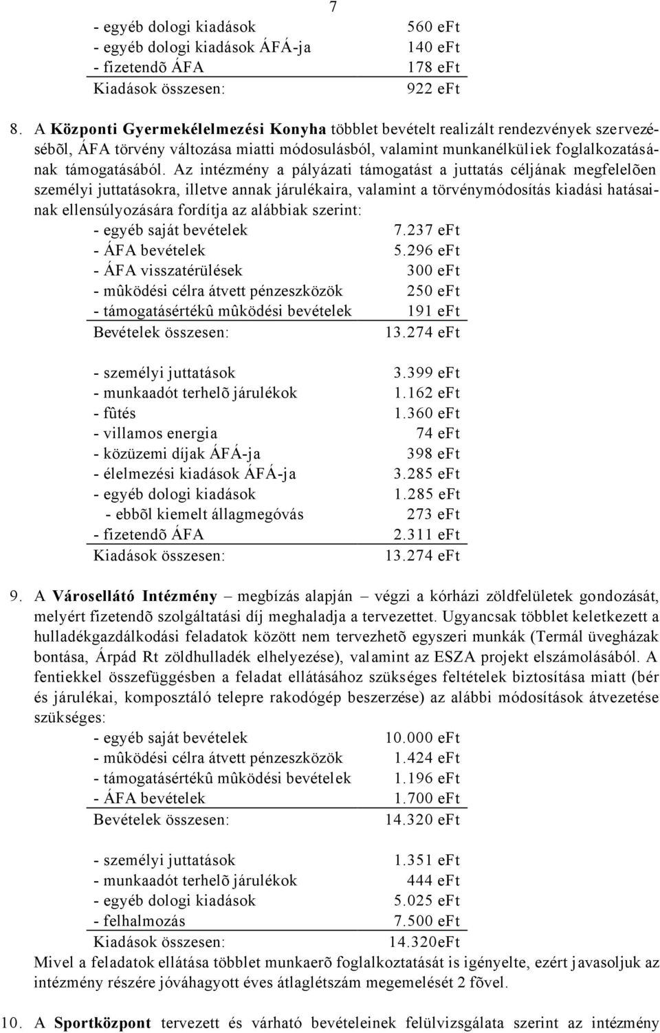 Az intézmény a pályázati támogatást a juttatás céljának megfelelõen személyi juttatásokra, illetve annak járulékaira, valamint a törvénymódosítás kiadási hatásainak ellensúlyozására fordítja az