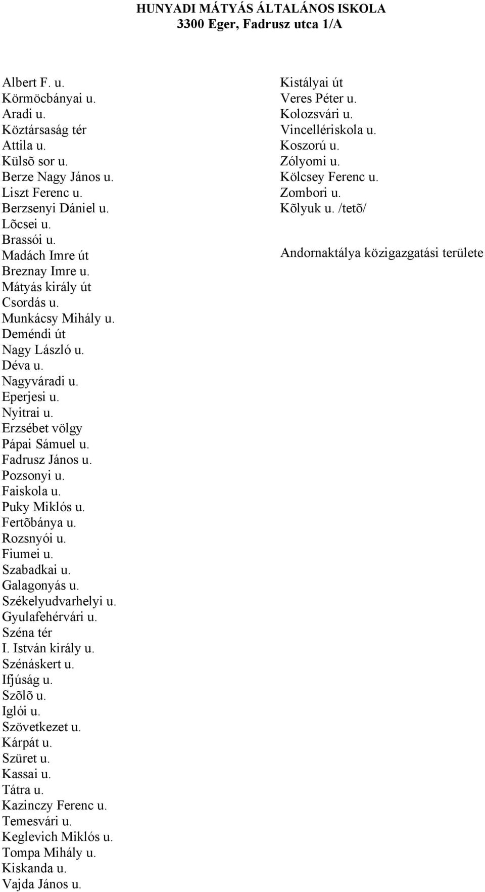 Fadrusz János u. Pozsonyi u. Faiskola u. Puky Miklós u. Fertõbánya u. Rozsnyói u. Fiumei u. Szabadkai u. Galagonyás u. Székelyudvarhelyi u. Gyulafehérvári u. Széna tér I. István király u.