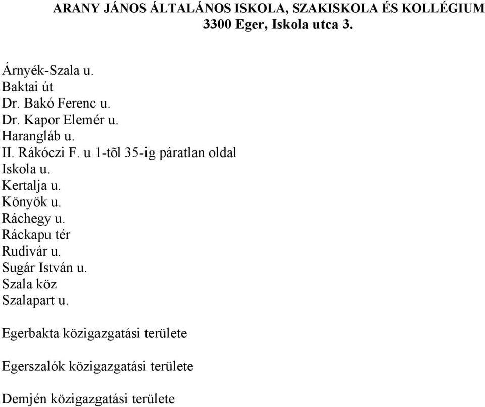 u 1-tõl 35-ig páratlan oldal Iskola u. Kertalja u. Könyök u. Ráchegy u. Ráckapu tér Rudivár u.