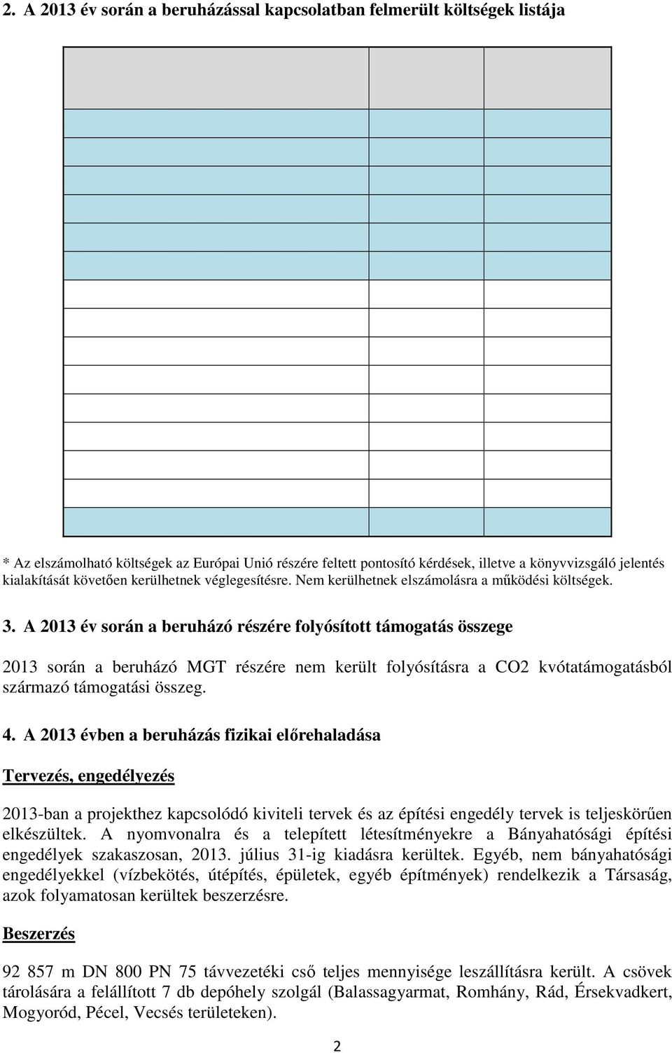 A 2013 év során a beruházó részére folyósított támogatás összege 2013 során a beruházó MGT részére nem került folyósításra a CO2 kvótatámogatásból származó támogatási összeg. 4.