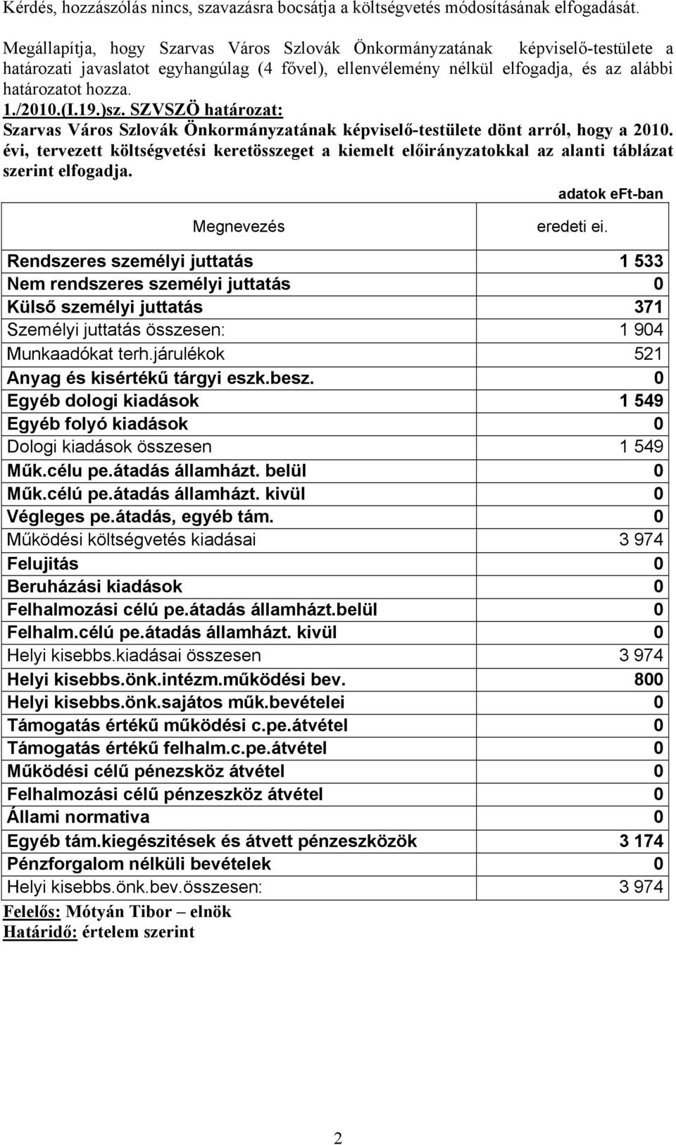 évi, tervezett költségvetési keretösszeget a kiemelt előirányzatokkal az alanti táblázat szerint elfogadja. adatok eft-ban Megnevezés eredeti ei.