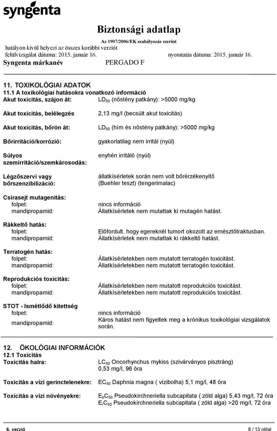szemirritáció/szemkárosodás: Légzőszervi vagy bőrszenzibilizáció: Csírasejt mutagenitás: Rákkeltő hatás: Terratogén hatás: Reprodukciós toxicitás: STOT - Ismétlődő kitettség 2,13 mg/l (becsült akut