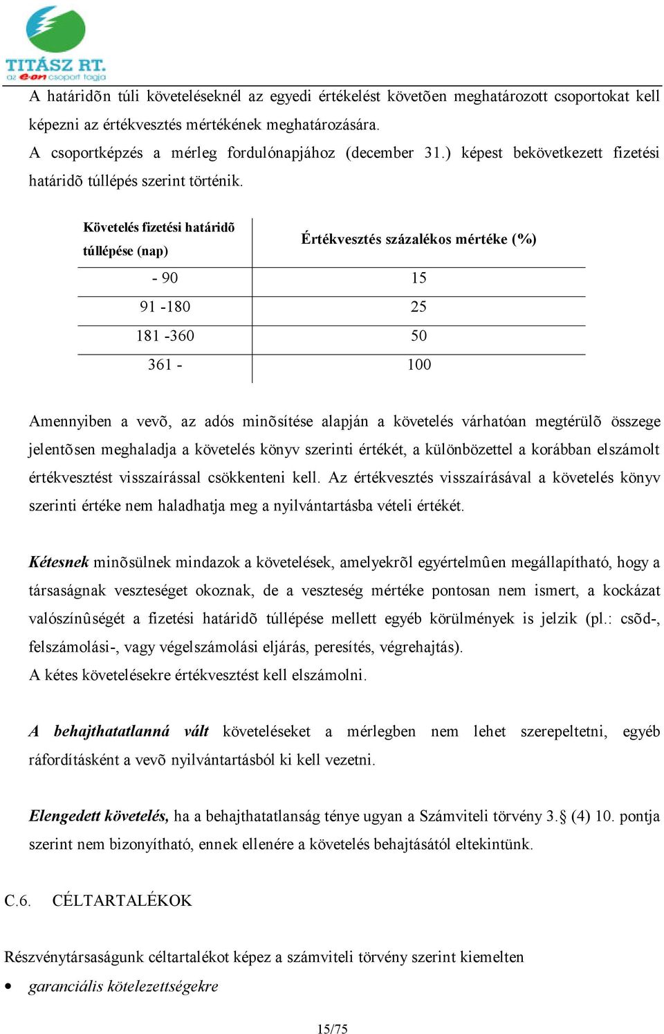 Követelés fizetési határidõ túllépése (nap) Értékvesztés százalékos mértéke (%) - 90 15 91-180 25 181-360 50 361-100 Amennyiben a vevõ, az adós minõsítése alapján a követelés várhatóan megtérülõ