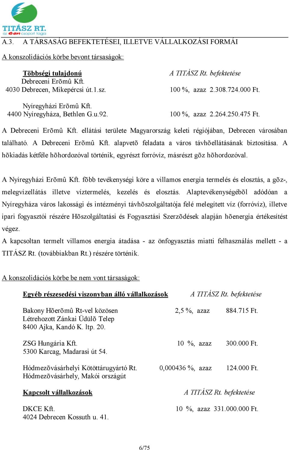 ellátási területe Magyarország keleti régiójában, Debrecen városában található. A Debreceni Erõmû Kft. alapvetõ feladata a város távhõellátásának biztosítása.