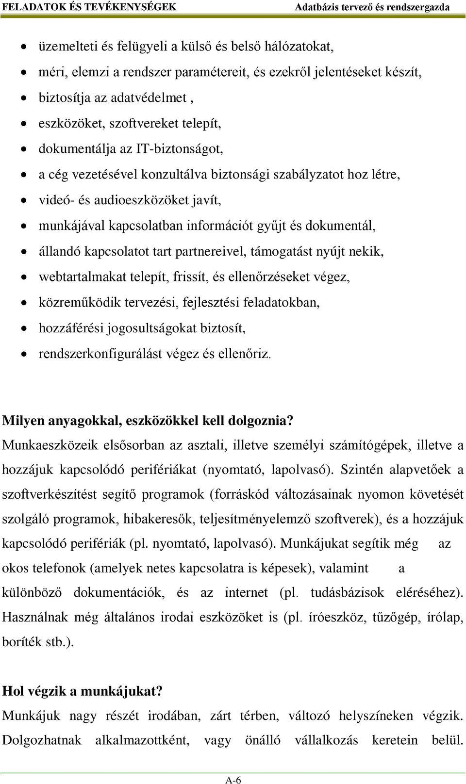 dokumentál, állandó kapcsolatot tart partnereivel, támogatást nyújt nekik, webtartalmakat telepít, frissít, és ellenőrzéseket végez, közreműködik tervezési, fejlesztési feladatokban, hozzáférési