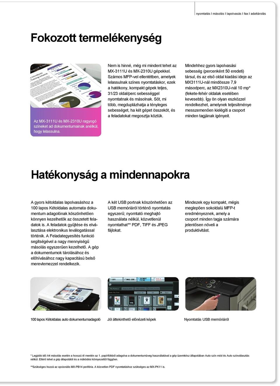 Számos MFP-vel ellentétben, amelyek lelassulnak színes nyomtatáskor, ezek a hatékony, kompakt gépek teljes, 31/23 oldal/perc sebességgel nyomtatnak és másolnak.