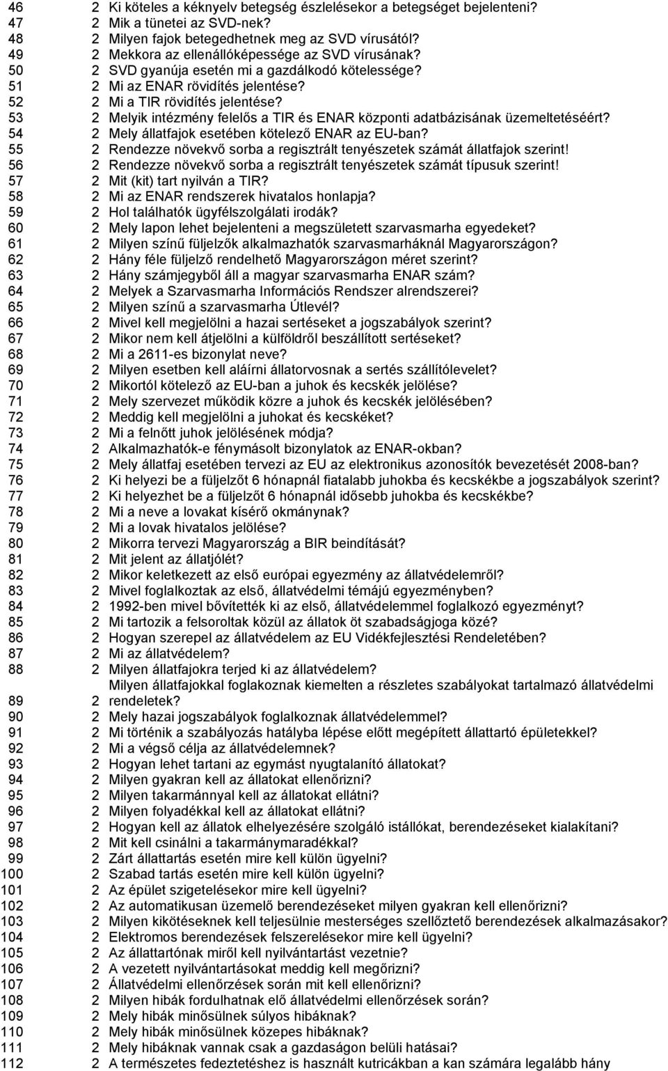 53 2 Melyik intézmény felelős a TIR és ENAR központi adatbázisának üzemeltetéséért? 54 2 Mely állatfajok esetében kötelező ENAR az EU-ban?