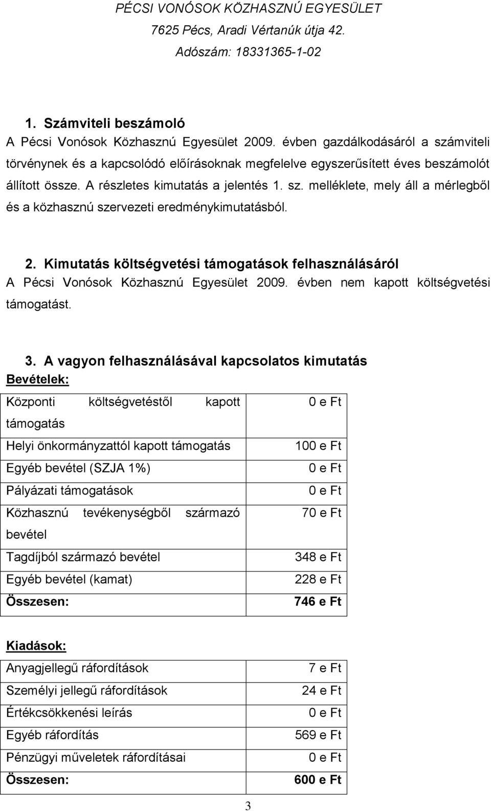 Kimutatás költségvetési támogatások felhasználásáról A Pécsi Vonósok Közhasznú Egyesület 2009. évben nem kapott költségvetési támogatást. 3.