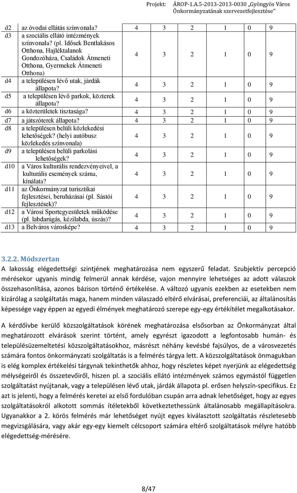4 3 2 1 0 9 d5 a településen lévő parkok, közterek állapota? 4 3 2 1 0 9 d6 a közterületek tisztasága? 4 3 2 1 0 9 d7 a játszóterek állapota?